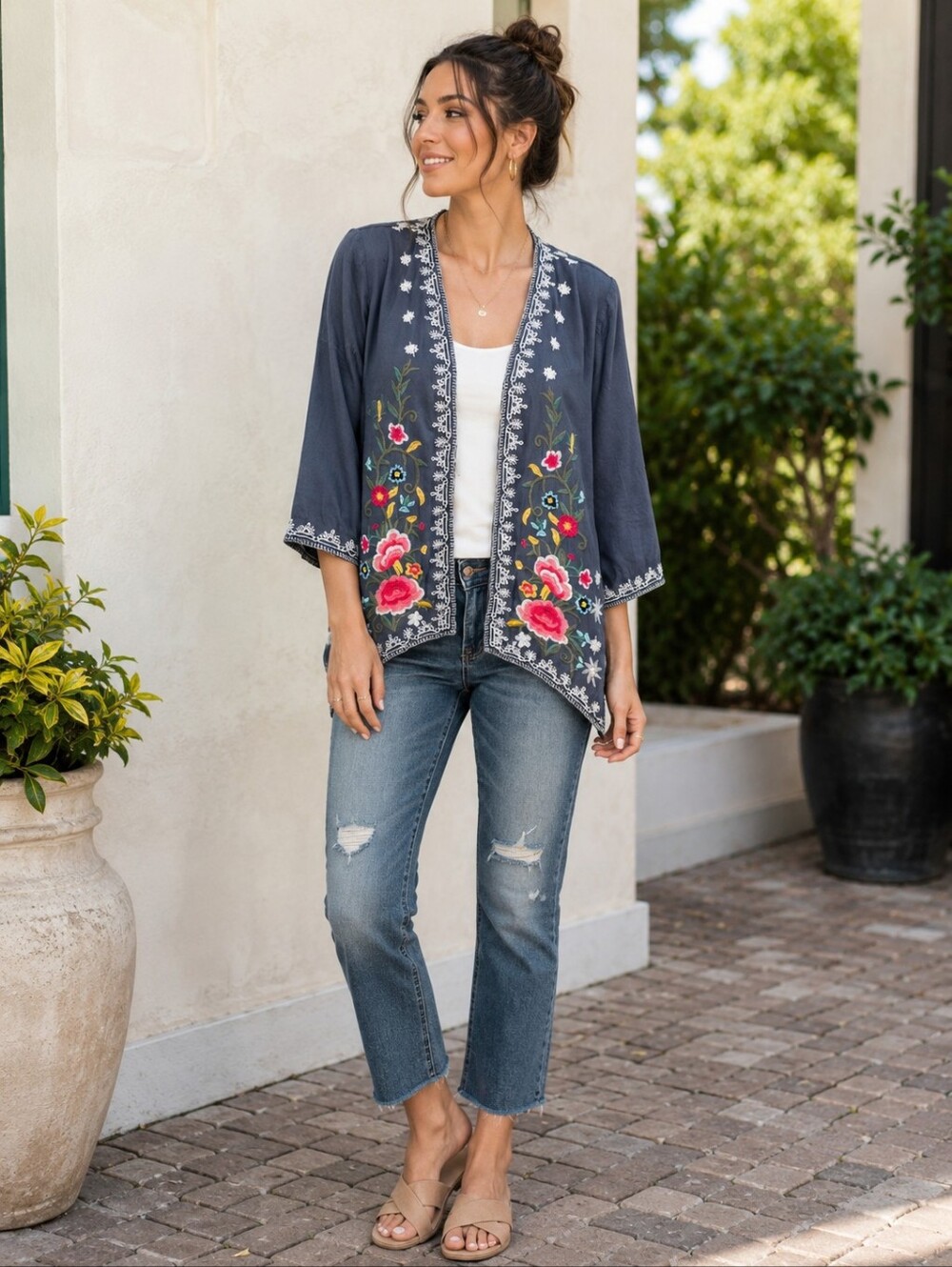 Anthropologie Solitaire Embroidered Floral Boho Kimono Cardigan Medium - Picture 1 of 7